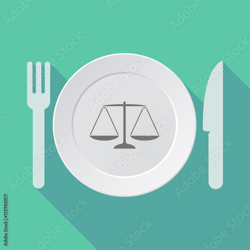 Long shadow dishware with a justice weight scale sign