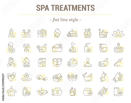 Vector graphic set.Icons in flat, contour,thin and linear design.Spa treatment.Alternative medicine.Simple isolated icon on white background.Concept illustration for Web site, app.Sign,symbol,element.