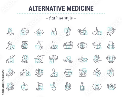 Vector graphic set.Icons in flat, contour,thin and linear design.Alternative medicine. Natural beauty.Simple isolated icon on white background.Concept illustration for Web site app.Sign,symbol,emblem.