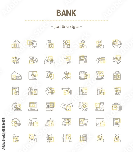 Vector graphic set. Icons in flat, contour, thin, minimal and linear design.Bank,economics, currency, and commerce.Protection of bank. Euro, dollar and gold.Concept sign, symbol for Web site, app.