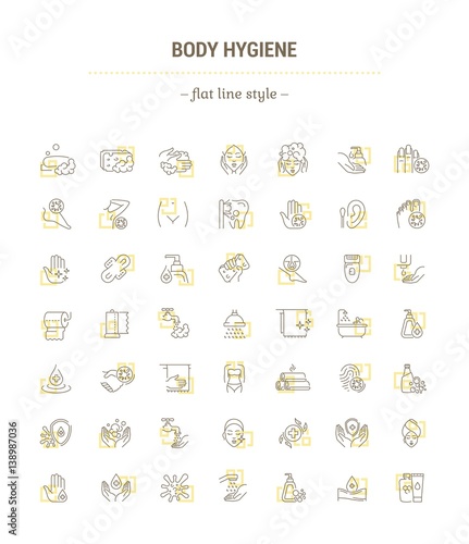 Vector graphic set.Icons in flat  contour thin  minimal and linear design.Care of body.Hygiene products.Body wash  epilation  depilation  peeling.Simple isolated icons.Concept sign symbol element.