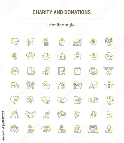 Vector graphic set. Icons in flat, contour, thin and linear design.Charity and donation.Simple icon on white background.Concept illustration for Web site, app.Sign, symbol, emblem. © marinashevchenko