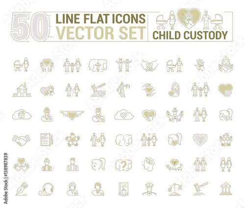 Vector graphic set. Icons in flat, contour, thin and linear design. Custody of children. Parents and state.Simple icon on white background.Concept illustration for Web site, app. Sign, symbol, emblem.