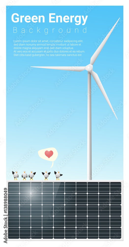 Green energy background with solar panel and wind turbine , vector ...