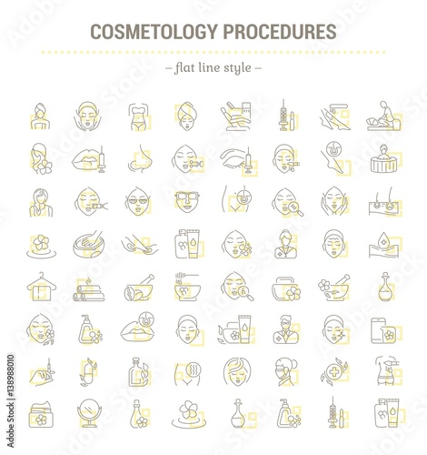 Vector graphic set.Icons in flat, contour,thin and linear design.Cosmetology Clinic. Services, procedures, treatments.Simple isolated icons.Concept illustration for Web site app.Sign,symbol,element.