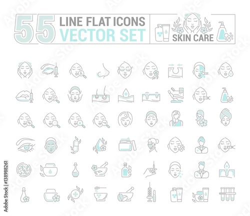 Vector graphic set.Icons in flat, contour,thin and linear design.Cosmetology. Skin care.Simple isolated icons.Concept illustration for Web site app.Sign,symbol,element.