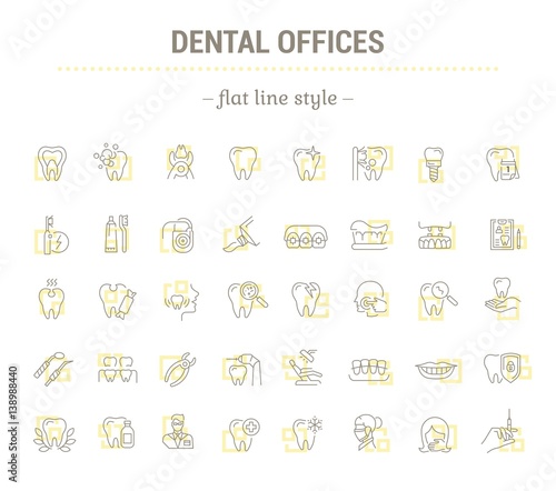 Vector graphic set. Icons in flat, contour,thin and linear design.Dentist office.Simple isolated icons on white background.Concept illustration for Web site, app.Sign,symbol,element.