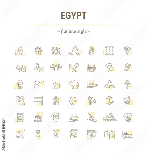Vector graphic set. Icons in flat, contour,thin, minimal and linear design. Egypt. Travel to Egypt. Simple isolated icons.Concept of web site and app.Sign,symbol, elements.