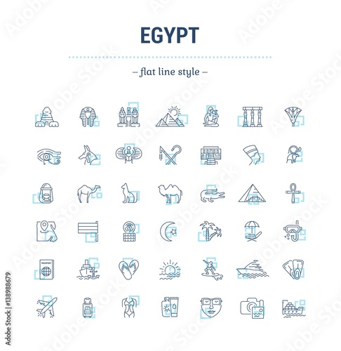 Vector graphic set. Icons in flat, contour,thin, minimal and linear design. Egypt. Travel to Egypt. Simple isolated icons.Concept of web site and app.Sign,symbol, elements.