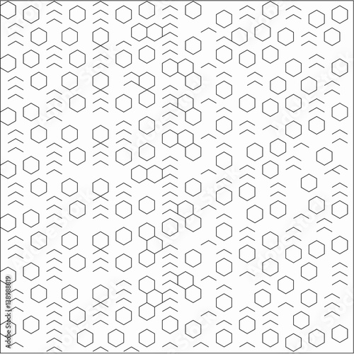 Fototapeta Naklejka Na Ścianę i Meble -  Abstract white background with white hexagons and black stroke signs placed randomly around the pattern