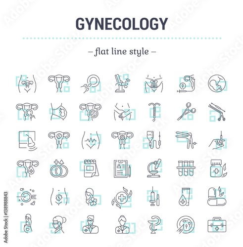 Vector graphic set.Icons in flat, contour,thin, minimal and linear design.Gynecology, gynecological problem and disease.Simple isolated icons.Concept illustration for Web site app.Sign,symbol,element.