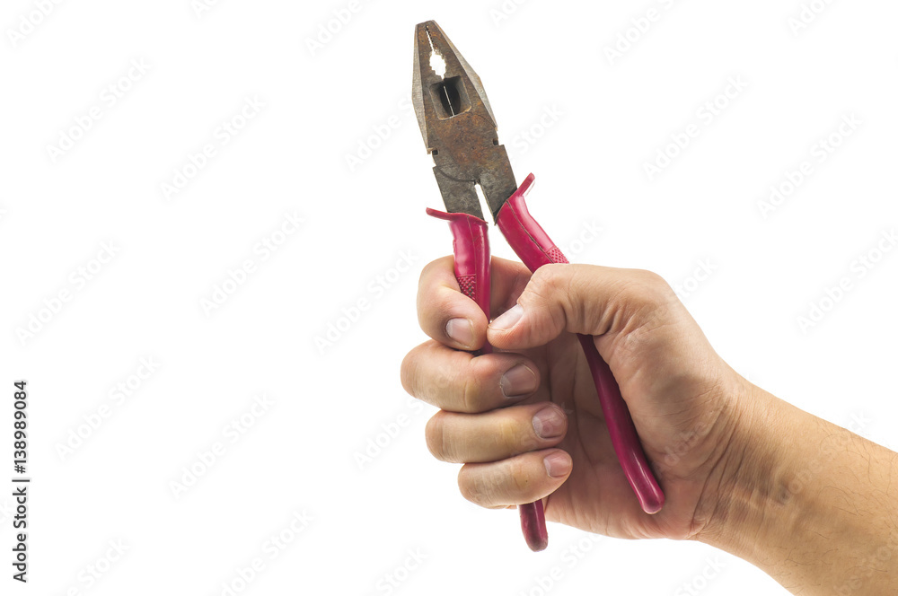 Man's hand holding pliers isolated over white Man's hand holding pliers isolated over white