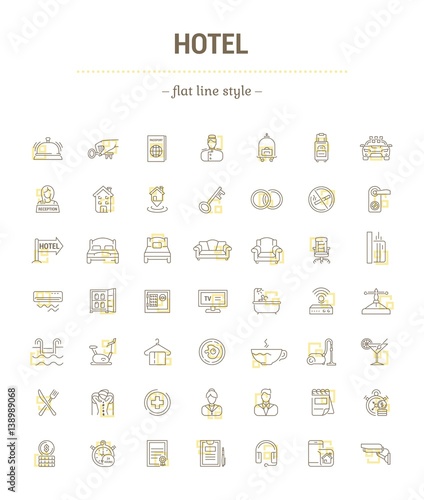 Vector graphic set.Icons in flat, contour,thin and linear design.Hotel and its services.Simple isolated icon on white background.Concept illustration for Web site, app.Sign,symbol,emblem.