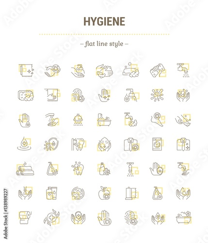 Vector graphic set.Icons in flat, contour,thin, minimal and linear design.Human Hygiene. Protection from bacteria.Hygiene products.Healthy lifestyle.Simple isolated icons.Concept sign,symbol,element.