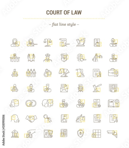 Vector graphic set. Icons in flat, contour, thin, minimal and linear design.Court. Judge. Trial. Simple icons on white background.Concept illustration for Web site, app.Sign, symbol, emblem.
