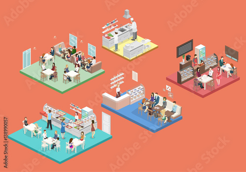 Isometric vector interior of sweet-shop, cafe, canteen and restaurant kitchen.
