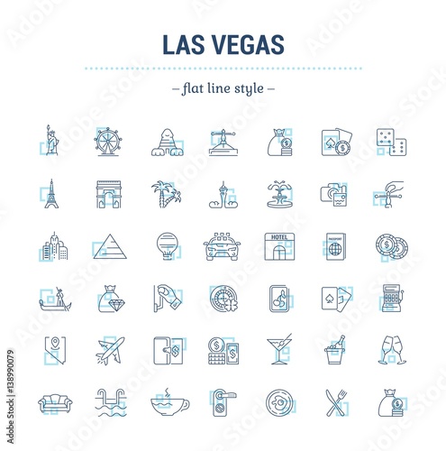 Vector graphic set of icons in flat, contour, thin, minimal and linear design. Las Vegas. Slot machine, casino, poker. Simple isolated icons.Concept illustration for Web site app.Sign,symbol,element.