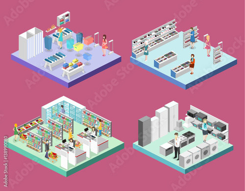 isometric interior shopping mall, grocery, computer, household, equipment store.