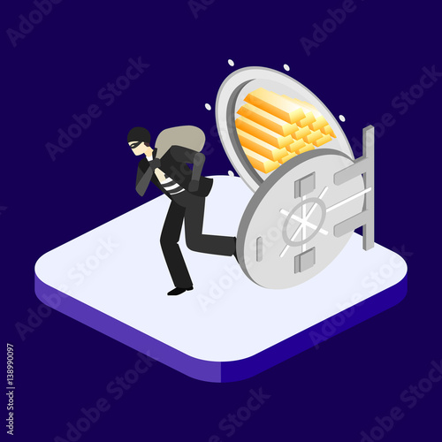 thief running out of a bank vaul. Isometric concept vector