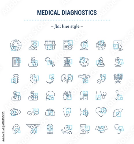 Vector graphic set. Icons in flat, contour, thin and linear design.Medical diagnostics. Check up.Simple icon on white background.Concept illustration for Web site, app.Sign, symbol, emblem.