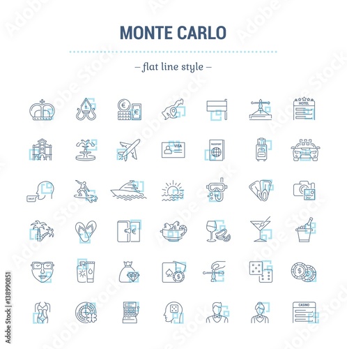 Vector graphic set. Icons in flat, contour,thin, minimal and linear design.Monte Carlo.City of entertainment.Vacation, casino, beach.Simple isolated icons.Concept of web site and app.Sign,symbol.