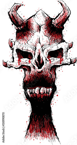 A spooky illustration of a demon skull with evil fangs and scary horns.