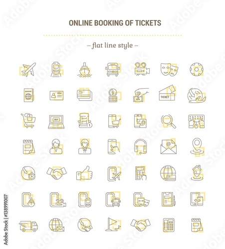 Vector graphic set. Icons in flat, contour, thin, minimal and linear design.Online ticket booking. Internet service.E-commerce, shopping.Simple isolated icons.Concept for Web site, app.Sign, symbol.