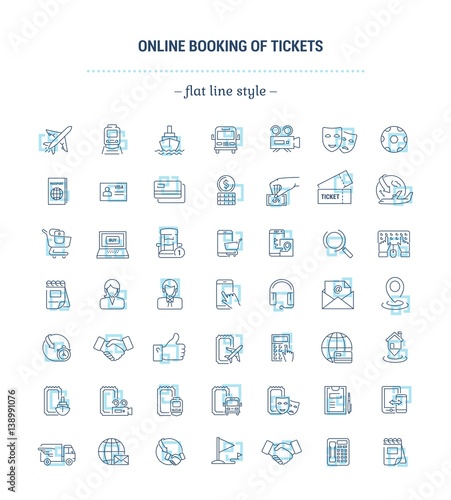 Vector graphic set. Icons in flat, contour, thin, minimal and linear design.Online ticket booking. Internet service.E-commerce, shopping.Simple isolated icons.Concept for Web site, app.Sign, symbol.