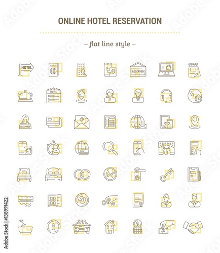 Vector graphic set. Icons in flat, contour, thin, minimal and linear design.Online hotel booking.Internet service.E-commerce. Simple isolated icons.Concept illustration for Web site, app.Sign, symbol.