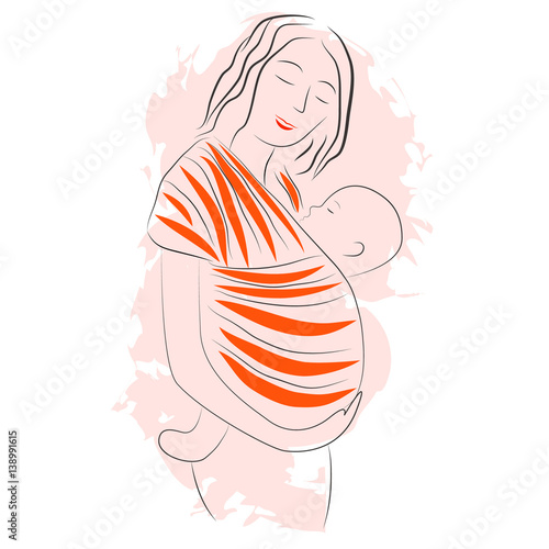 A young woman carrying child in a baby sling. Vector illustration in cartoon style on pink background.