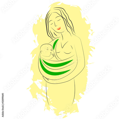 A young woman carrying child in a baby sling. Vector illustration in cartoon style on yellow background.