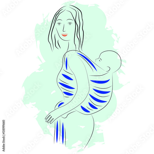 A young woman with child back in a baby sling. Vector illustration in cartoon style on yellow background.