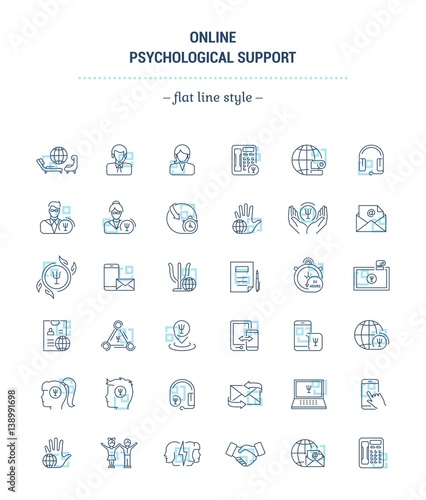 Vector graphic set.Icons in flat, contour,thin, minimal and linear design.Online psychological support. Simple isolated icons.Concept for Web site app.Sign,symbol,element.