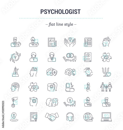 Vector graphic set.Icons in flat, contour,thin, minimal and linear design.Psychologist. Types of psychological support. Simple isolated icons.Concept illustration for Web site app.Sign,symbol,element.