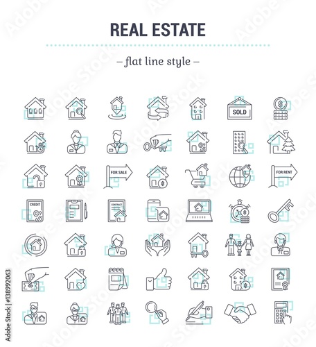 Vector graphic set.Icons in flat, contour,thin, minimal and linear design.Real estate.Simple isolated icons.Concept illustration for Web site app.Sign,symbol,element.