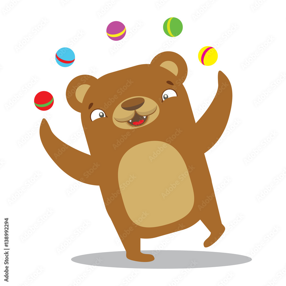 Obraz premium Circus bear juggling balls. Circus concept. Flat cartoon vector illustration