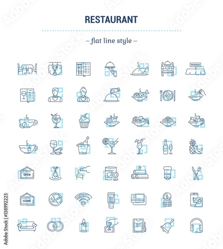 Vector graphic set. Icons in contour, thin, minimal linear design.Catering business.Restaurant industry.Banquet hall.Simple isolated icons.Concept flat illustration for Web site, app.Sign, symbol.