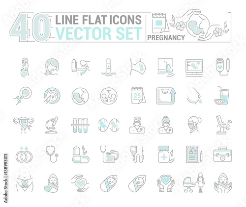 Vector graphic set.Icons in flat, contour,thin and linear design.Pregnancy. Gestation. Incubation of the child.Simple isolated icons.Concept illustration for Web site app.Sign,symbol,element.