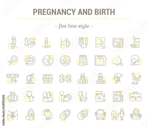 Vector graphic set.Icons in flat, contour,thin and linear design.Pregnancy. Gestation. Incubation of the child.Simple isolated icons.Concept illustration for Web site app.Sign,symbol,element.
