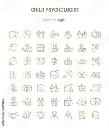 Vector graphic set.Icons in flat, contour,thin, minimallined, outline, and linear design.Child psychologist.Support for children's health.Simple isolated icons.Concept for Web site app.Sign,symbol.