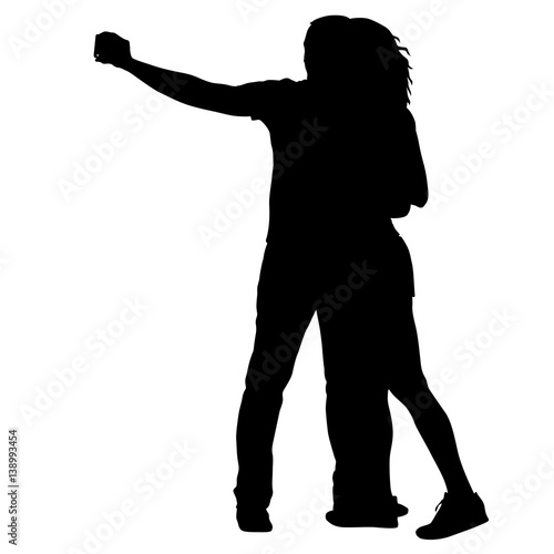 Silhouettes man and woman taking selfie with smartphone on white background. Vector illustration