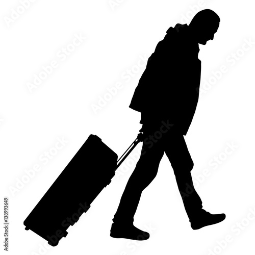 Black silhouettes travelers with suitcases on white background.