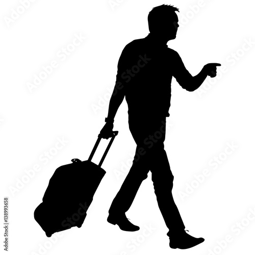 Black silhouettes travelers with suitcases on white background.