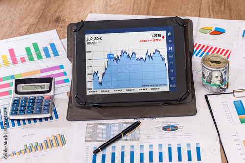 Financial charts on tablet pc with calculator, dollars on table.