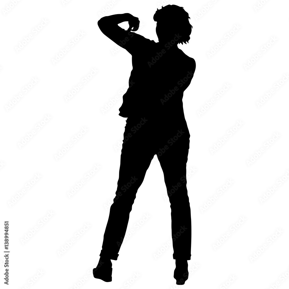Black silhouettes of beautiful woman with arm raised. Vector illustration