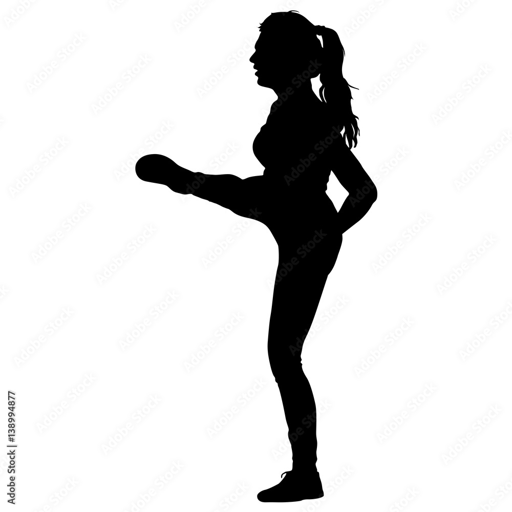 Black silhouettes of beautiful woman raised her right foot. Vector illustration