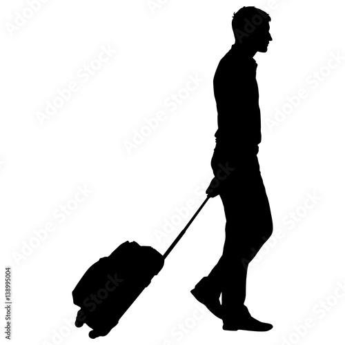 Black silhouettes travelers with suitcases on white background.