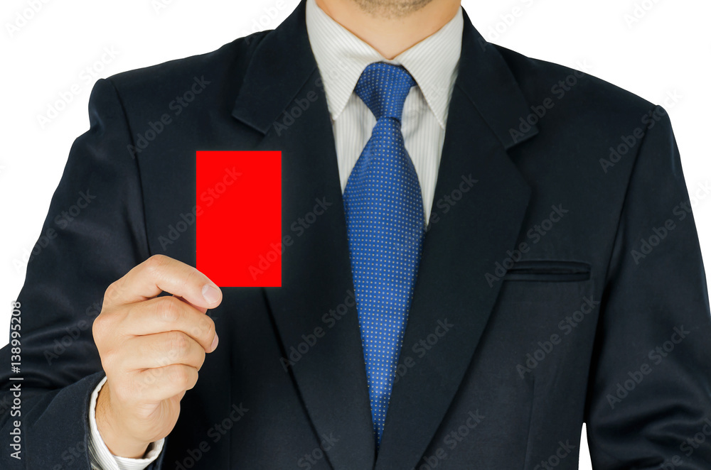 Business man is showing red card isolated over white. Photo includes two clipping path white background and card. Business man is showing red card isolated over white. Photo includes two clipping path white background and card.