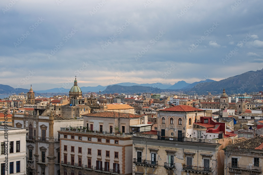From the roof of Palermo Cathedral you can see amazing cityscape of Palermo. Beautiful tiled roofs of old houses. Palermo. Sicily