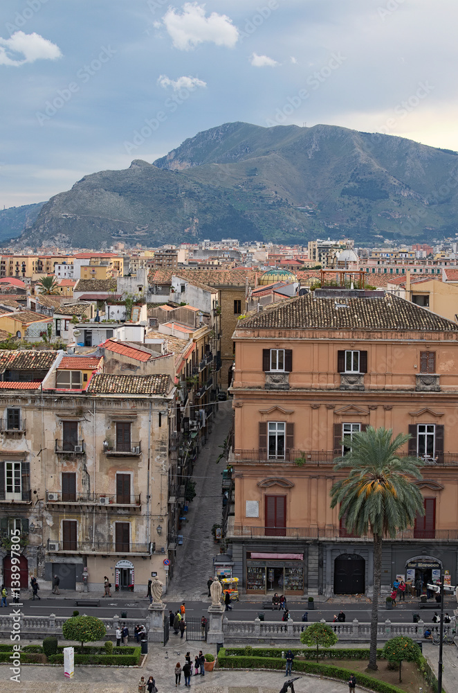 PALERMO, ITALY – 03 January 2017: From the roof of Palermo Cathedral you can see amazing cityscape of Palermo. Nice mountain in the background. Sicily